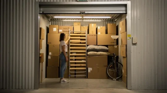 Une femme regarde un petit box de self-stockage rempli de cartons empilés et d'un lit démonté, depuis le couloir d'accès.