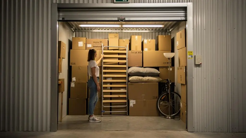 Une femme regarde un petit box de self-stockage rempli de cartons empilés et d'un lit démonté, depuis le couloir d'accès.