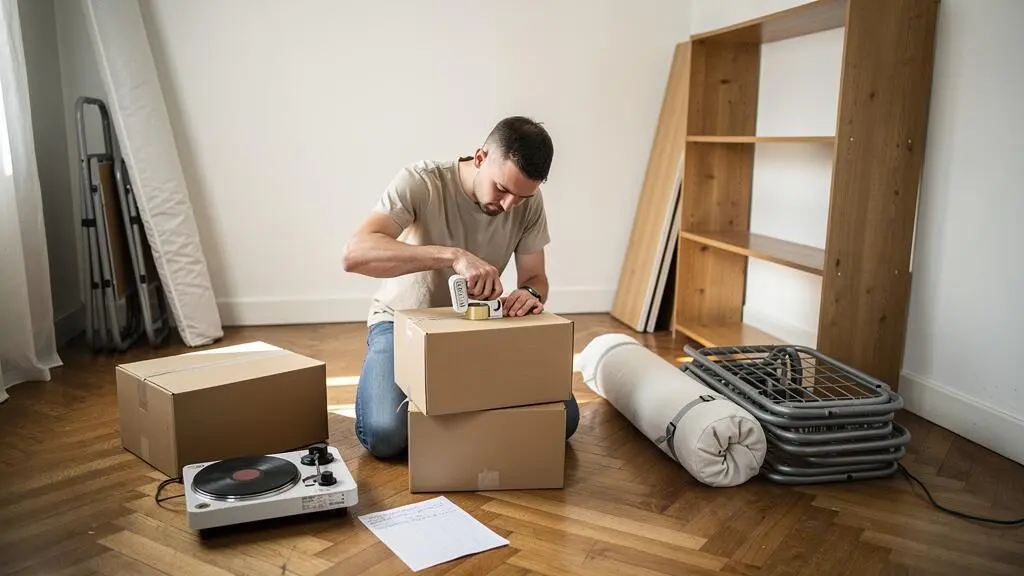 Un jeune homme emballé des cartons dans un studio, entouré de meubles démontés et d'une liste d'inventaire posée au sol.