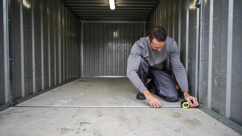 Un homme accroupi mesure la largeur d'un box de stockage vide avec un mètre ruban tendu contre la paroi métallique.