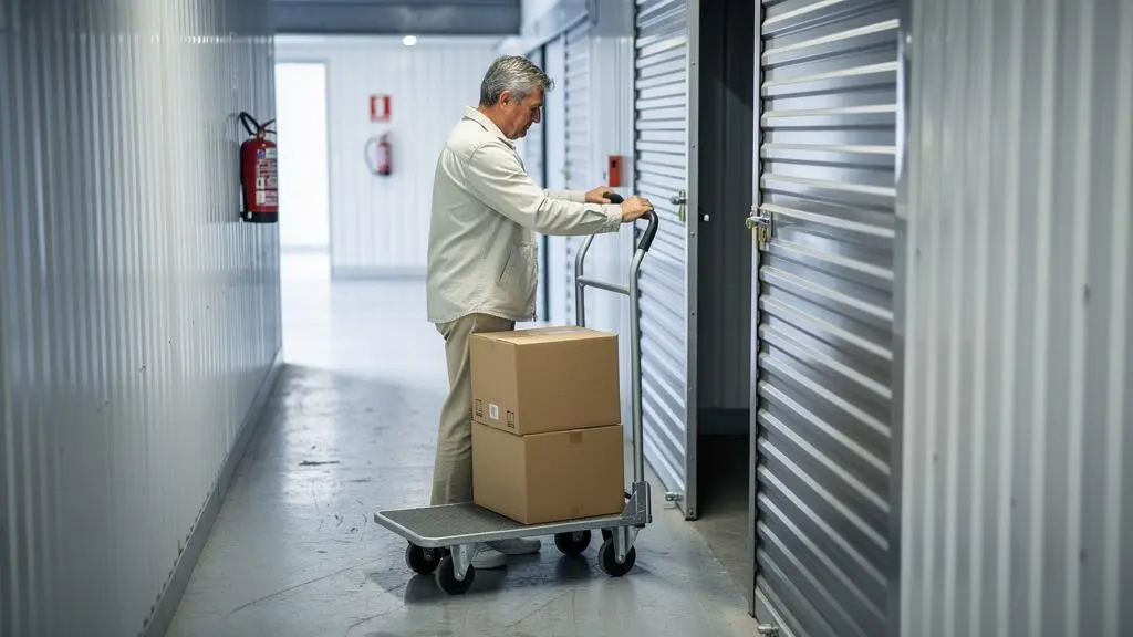 Un homme vérifie la largeur de la porte d'un box en poussant un diable chargé de deux cartons dans un couloir de self-stockage.